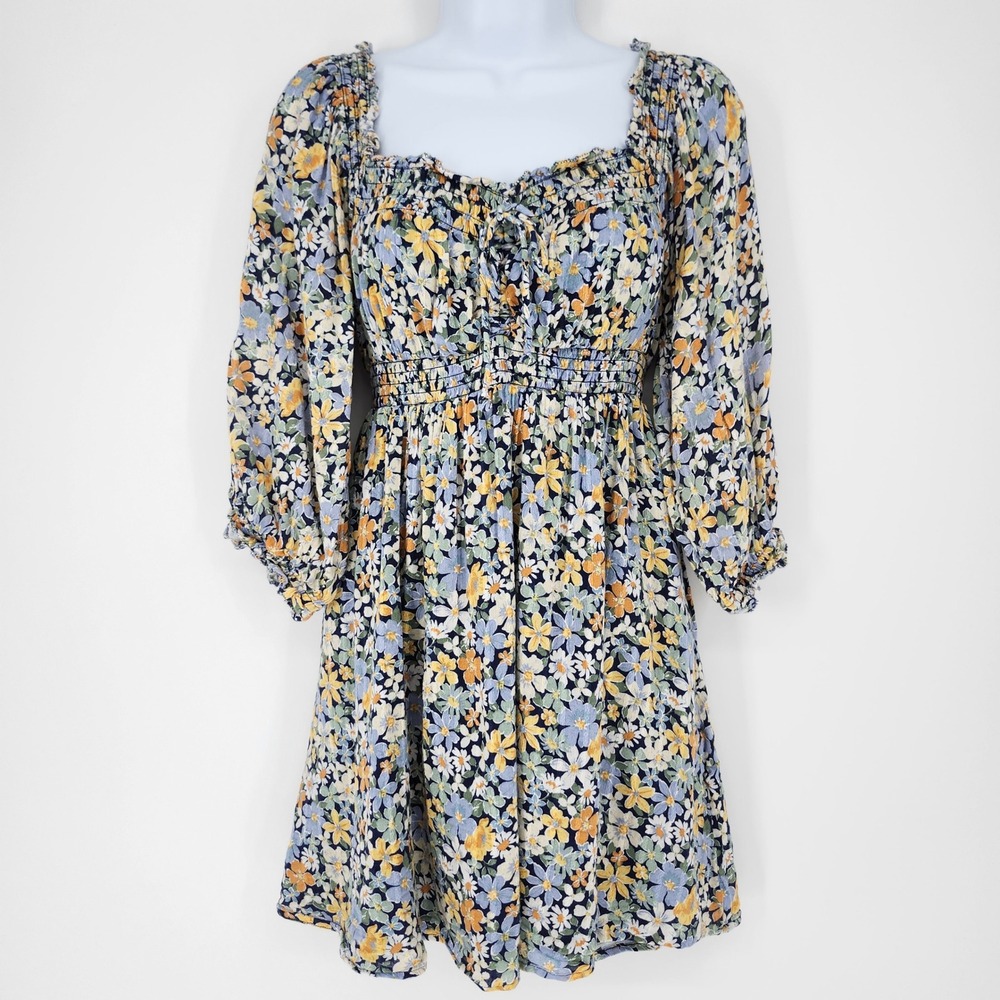 American Eagle Floral Smocked Babydoll Mini Dress Womens Small Boho Peasant